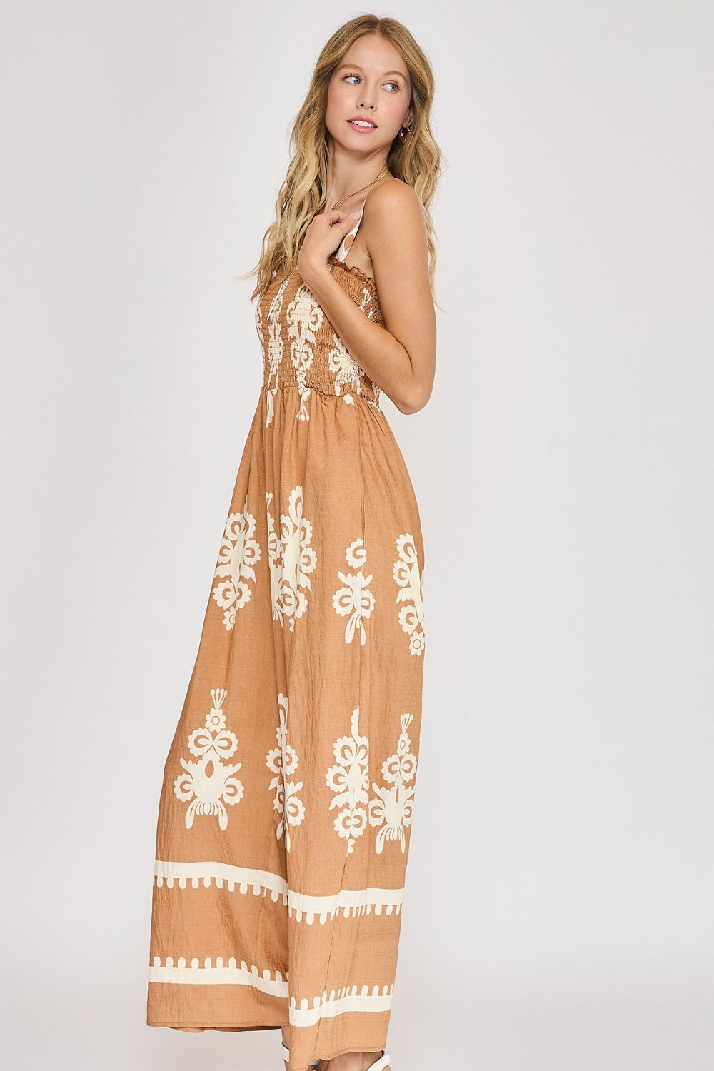 Umgee Full Size Smocked Printed Wide Leg Jumpsuit Plus Size