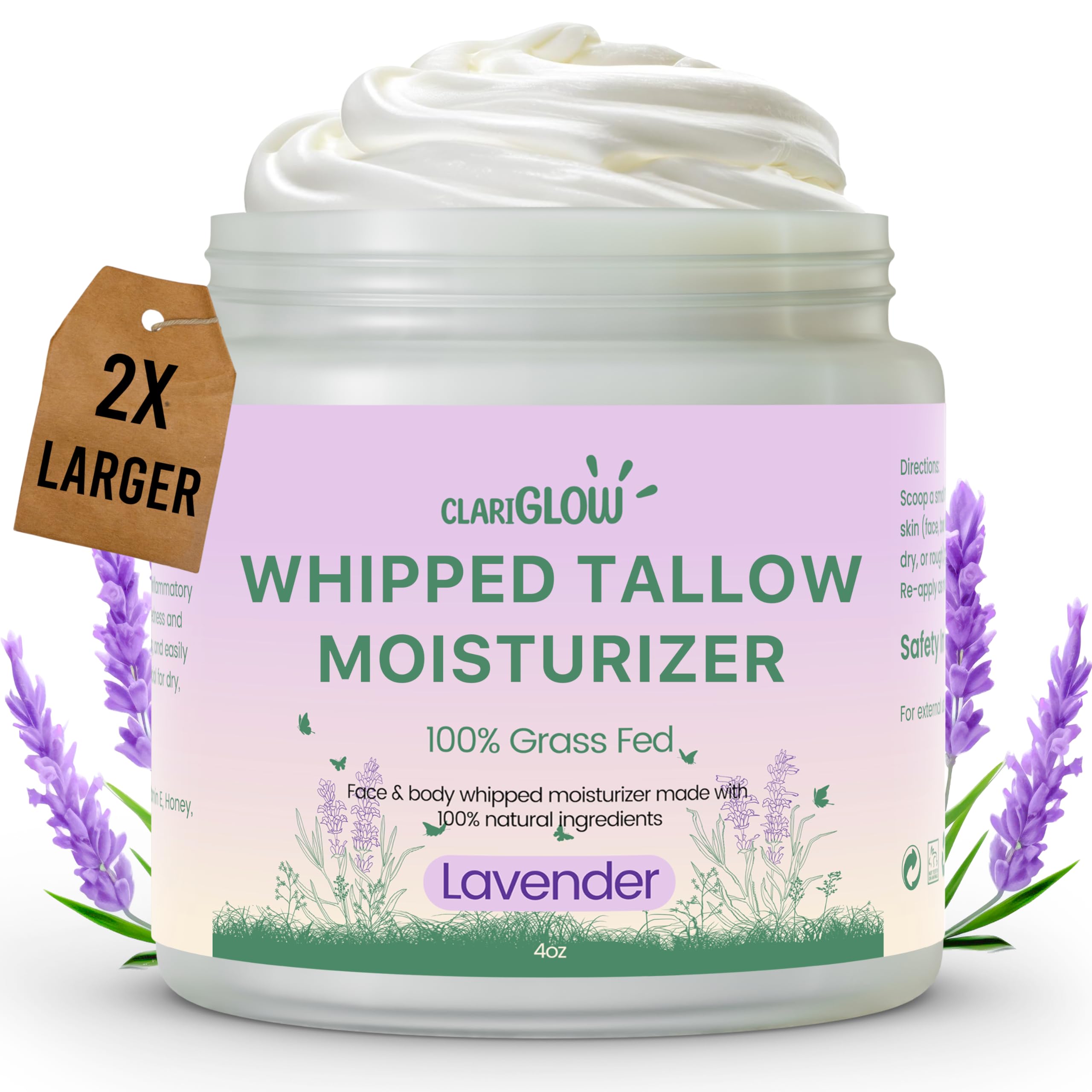 Whipped Beef Tallow Face Moisturizer | 100% Grass Fed Organic Beef Tallow Skin Face Balm Cream | Organic Lotion Balm Body Moisturizer with Honey & Lavender | 4 oz | Natural Skin Care
