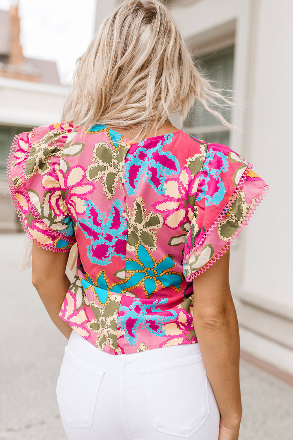 Multicolor Vibrant Floral Print Trimmed Ruffle Sleeve Blouse Sto