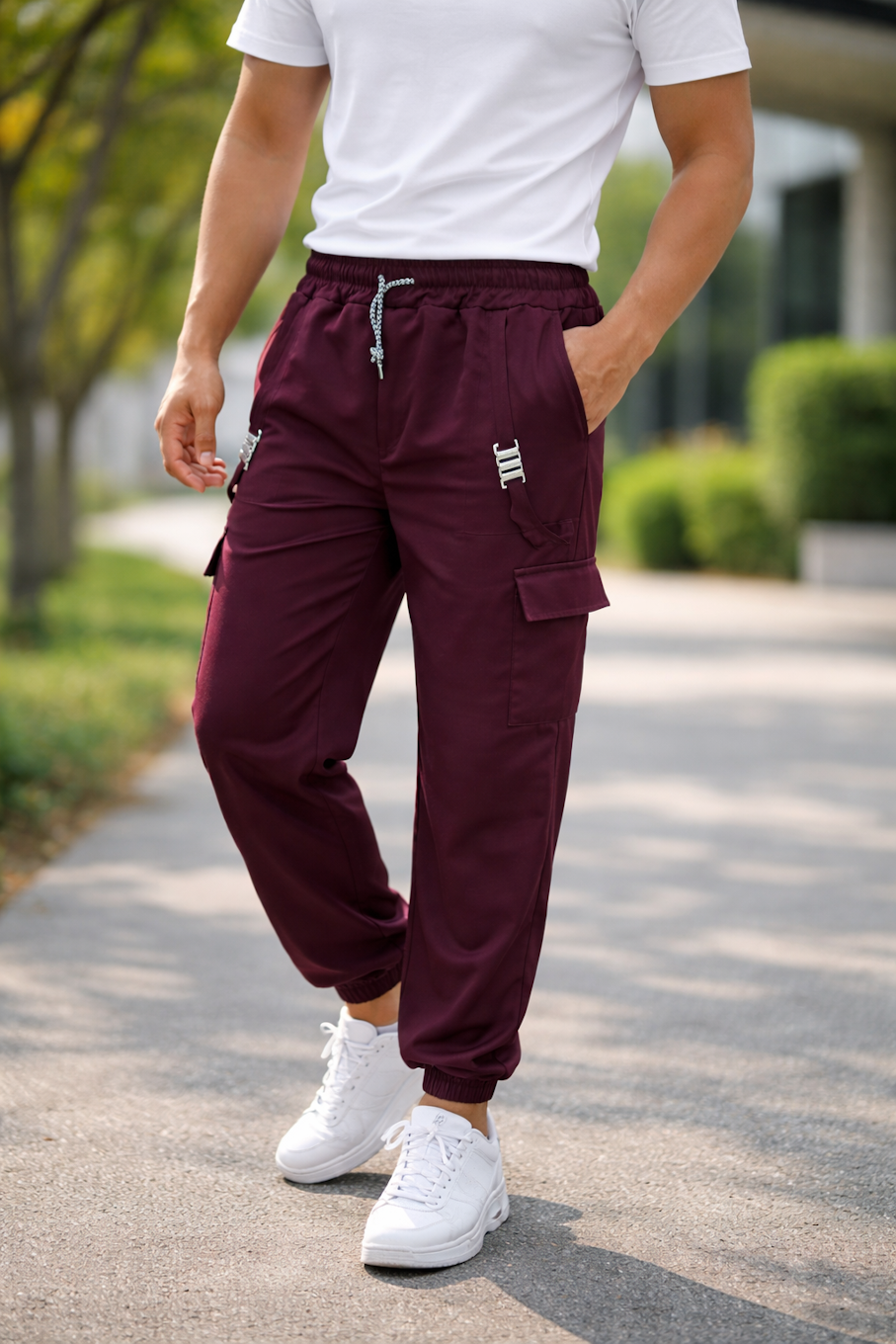 Wine Red Relaxed Fit Cargo Joggers