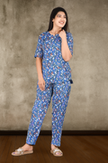 Floral Bliss: Blue Printed Pajama Set for Relaxed Comfort (Size S)