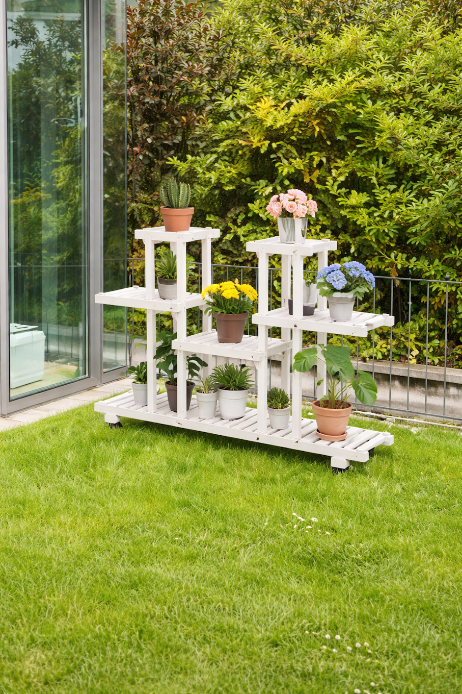 Multi-Tier White Wood Garden Plant Shelf