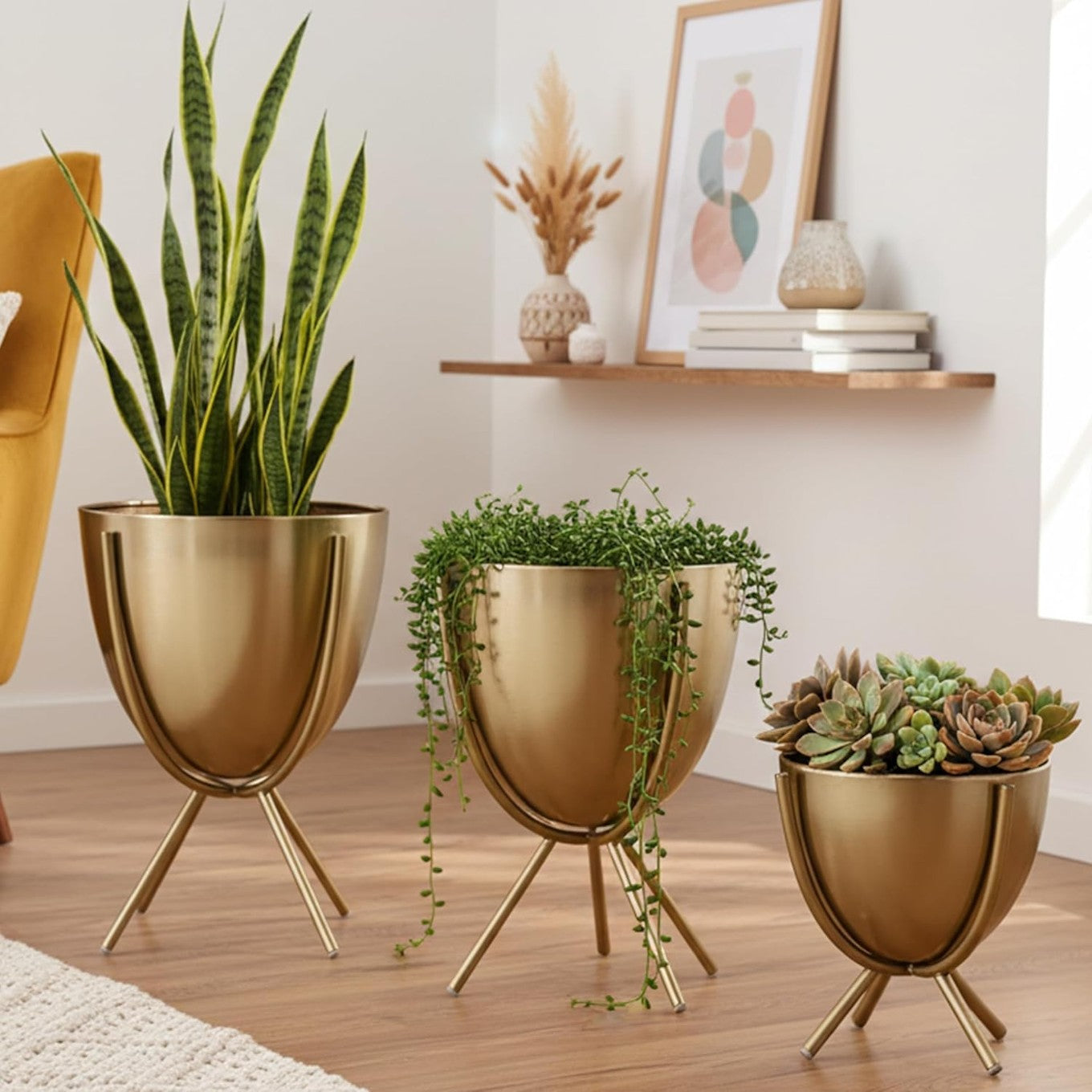 Gold Metal Tripod Planter Set of 3
