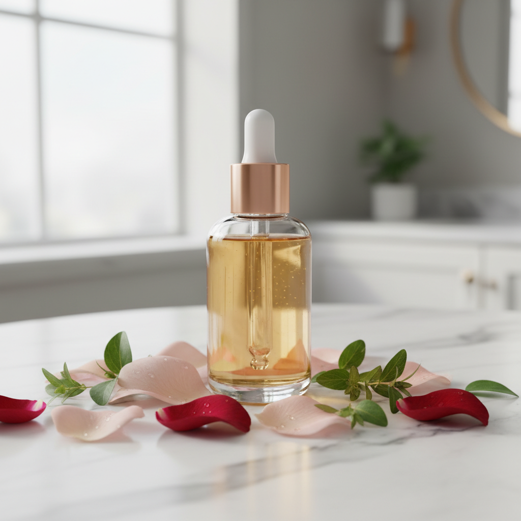 Glow Elixir Rose Face Serum bottle with rose petals on marble surface