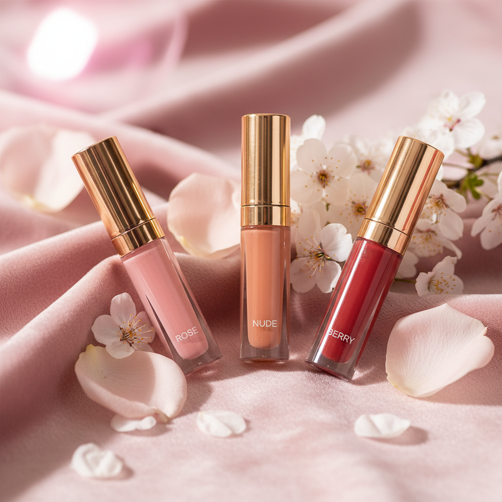 Three lip gloss shades in rose, nude and berry on pink velvet