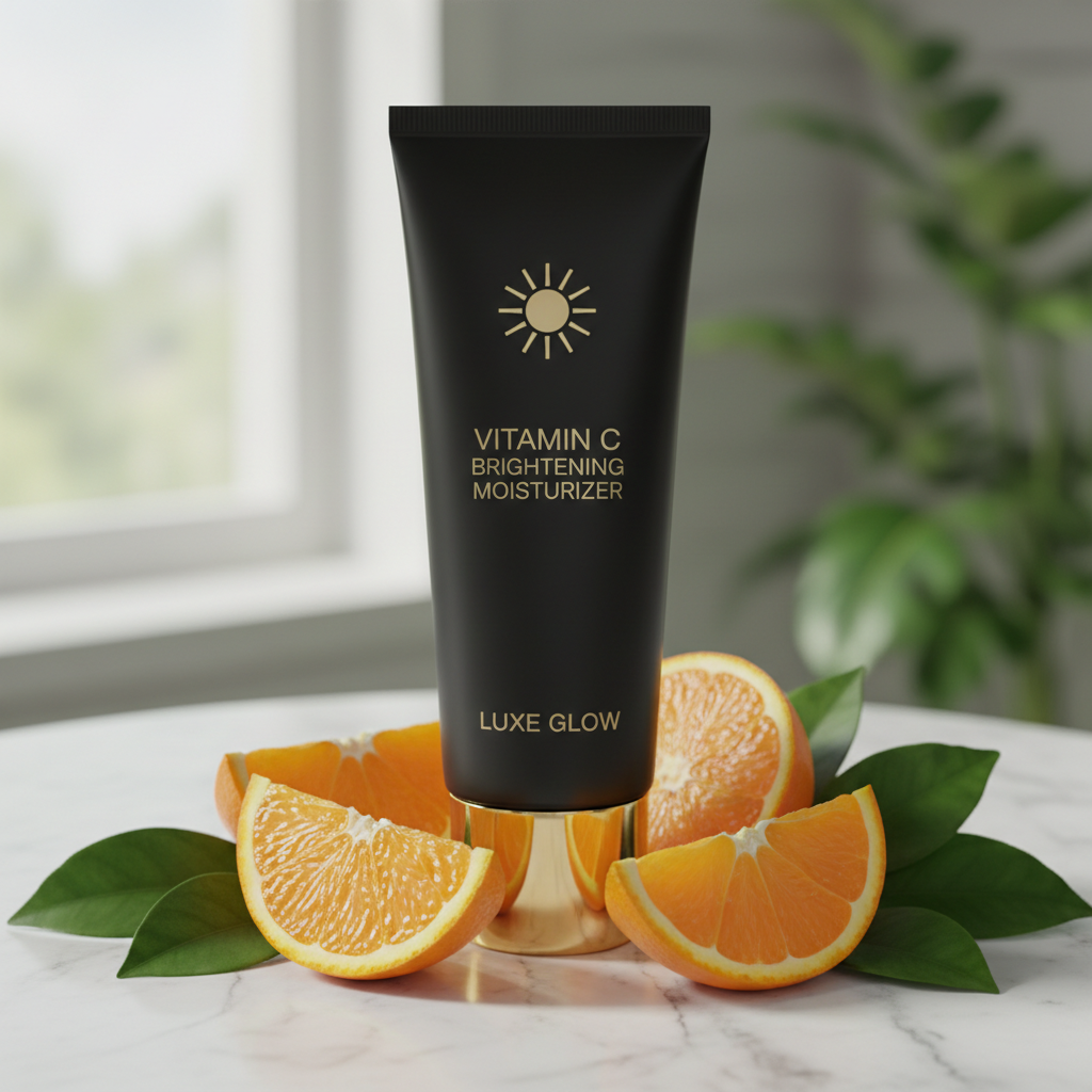 Vitamin C Brightening Moisturizer tube with orange slices on marble